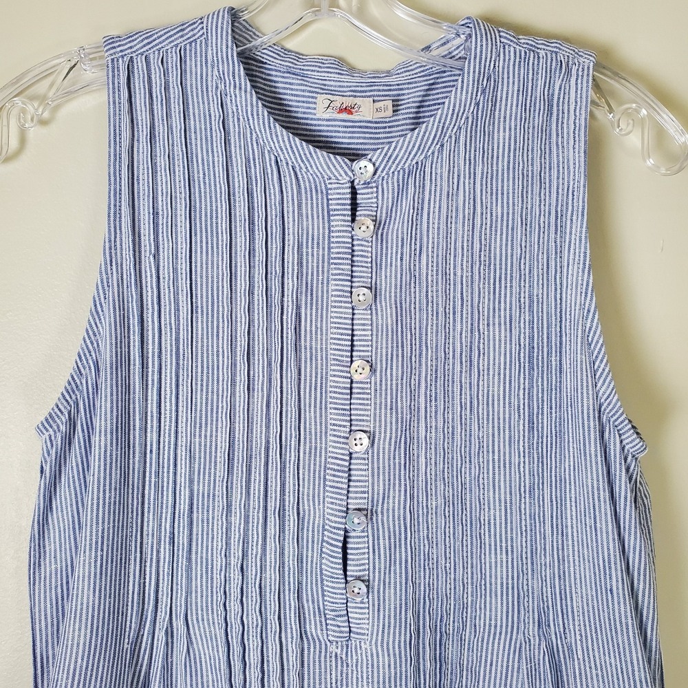 Faherty Linen Sleeveless Short Shift Dress XS Blue White Striped Coastal Beach - Picture 2 of 6